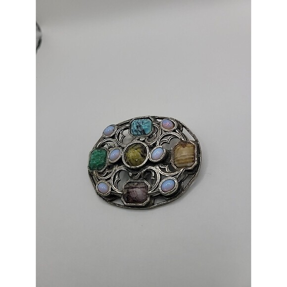 Vintage Miracle Scottish Celtic Brooch Faux Agate Opal Glass Stones Silver tone - Picture 4 of 13